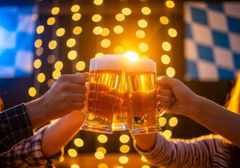 Two hands clinking frothy beer mugs in a celebratory toast with warm bokeh lights.