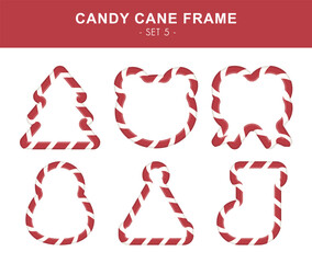 Christmas candy cane frame set. Red and white striped borders. Christmas tree, bear, bow, snowman, Santa hat and Christmas stocking borders in red and white lollipop style.