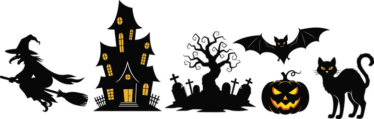 Fototapeta premium Halloween silhouettes, flying witch, haunted house, graveyard tree, spooky bat, jack-o'-lantern, black cat, glowing eyes, horror clipart, cartoon vector