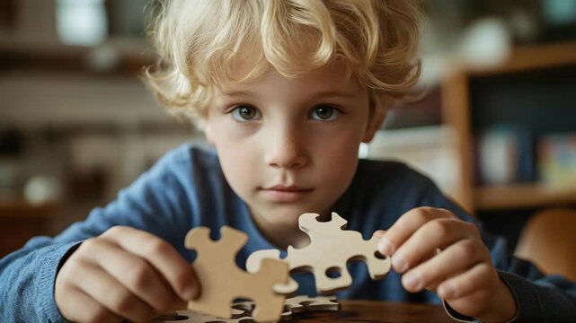 Cute little child with curly hair concentrating on connecting two wooden jigsaw puzzle pieces. Educational games and child development concept