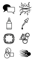 Set of communication icons including filled and outlined speech bubbles explosive action burst graphics medical symbols such as dropper bottles and abstract geometric shapes for interface design