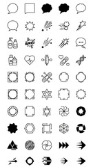 Set of various icons depicting communication speech bubbles explosive bursts geometric frames medical symbols arrows and abstract shapes collection of design elements for interface or graphic projects
