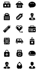 Diverse collection of filled silhouette vector icons including travel luggage, shopping baskets, commerce items, professional figures, medical symbols, and utility tools for design projects