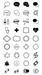 Extensive collection of thin line outline vector icons featuring chat bubbles, communication dialogues, medical symbols, complex geometric frames, abstract shapes, and dynamic speed bursts