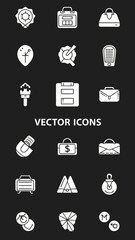 White silhouette vector icons on a dark background depicting various items including travel accessories, business finance symbols, abstract geometric shapes, tokens, and storage devices