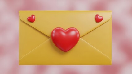 Yellow envelope with red hearts, love letter concept