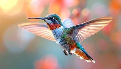 Hummingbird in flight with colorful bokeh background.