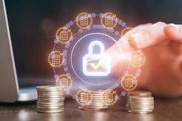 Digital security and finance with coins and technology in a modern setting