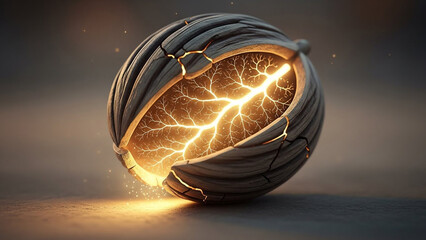 Dramatic cracked sphere with glowing electric lightning inside