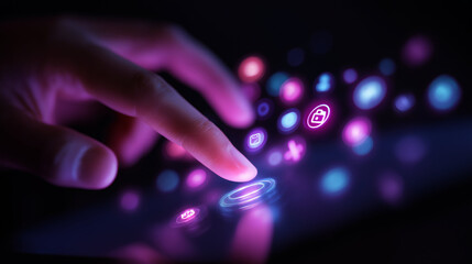 Holographic UI hand interaction with floating icons, cool cyber theme, digital future vibe