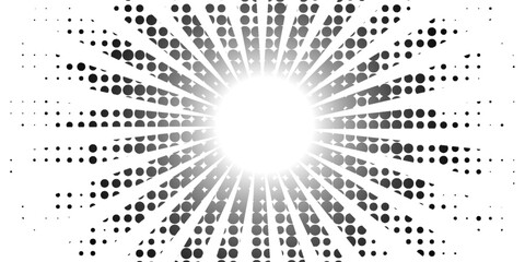 Obraz premium Halftone gradient sun rays pattern. Abstract halftone color dots background. Red pop art, comic small dots. star rays halftone poster. shine, explosion