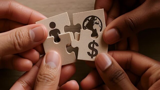 Human globe dollar puzzle teamwork, diversity, collaboration, connection, partnership, unity global finance inclusive teamwork and equality as diverse hands connect cardboard puzzle pieces showing