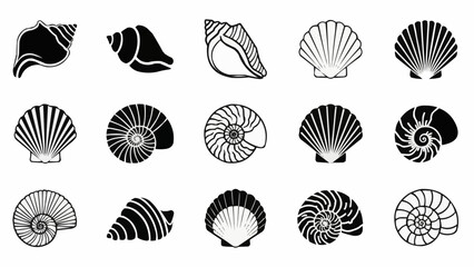 Seashell Icon Set in Black and White, Vector Illustration stock illustration