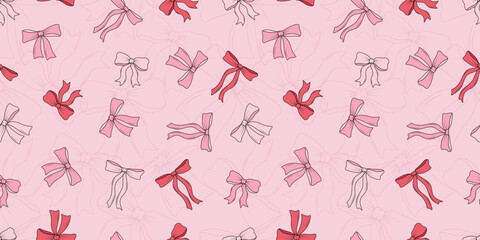 Bows and ribbons are a seamless pattern. Vector illustration of hair ornaments, gift wrappers, festive background.