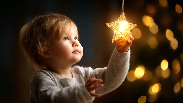 Dreaming toddler lit, imaginary star early, imagination discovery baby, reaching out wonder, soft lighting adds, warm emotion hope, curiosity infant wonder, with copy space