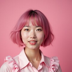 AI generated Modern aesthetic portrait of cheerful young woman with pink hair and delicate