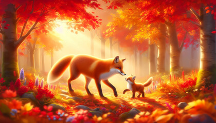 mother fox and young fox