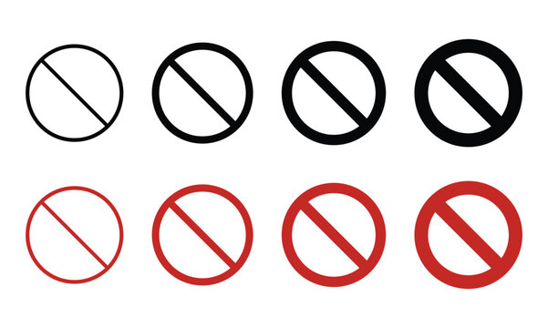 No symbol prohibition sign illustration. Red circle with diagonal slash, general ban icon, empty no entry symbol vector. Universal prohibition graphic for warning, safety. Red circle.