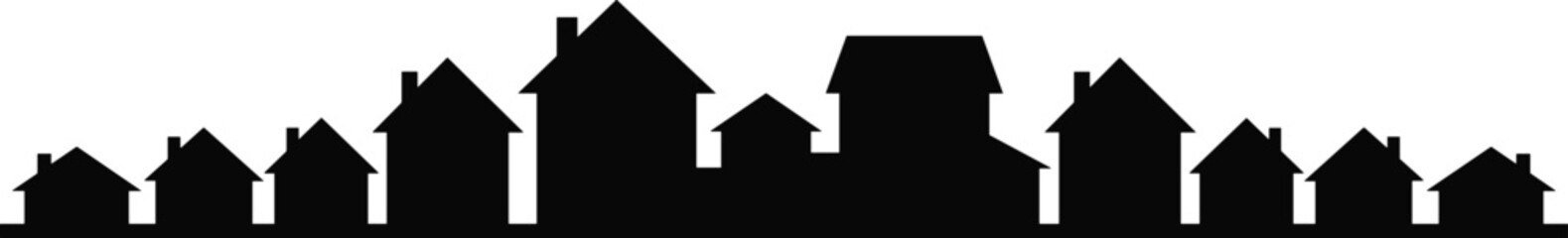 city, skyline, neighborhood, houses, residential, silhouette, real estate, urban, town, street, architecture, suburb, building, horizon, property, landscape, vector, black, background, illustration