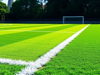 Obraz premium Vibrant green soccer field, manicured grass, white lines marking the boundaries, ready for play, empty field, landscape