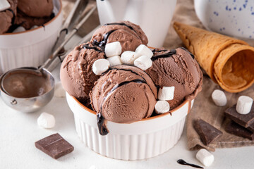 Hot chocolate ice cream with dark chocolate sauce and marshmallow. Gourmet rich chocolate gelato in white bowl, with drizzle of chocolate topping, on white kitchen table copy space
