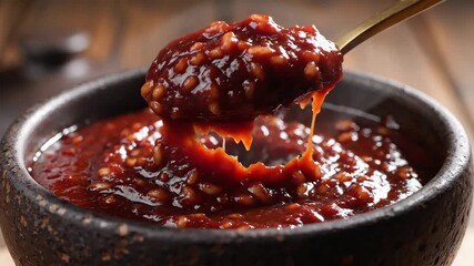 A closeup shot captures a golden spoon delicately scooping a rich vibrant red chili sauce from a rustic dark ceramic bowl showcasing its thick textured consistency and appetizing appearance perfect f.