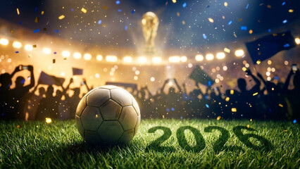Soccer ball on field with confetti and 2020