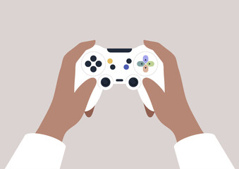 Excitement fills the air as eager hands firmly hold a white joystick, ready to dive into an immersive gaming experience in a comfortable evening atmosphere