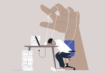 A person sits at a desk overwhelmed by towering stacks of papers, appearing defeated as a large hand pulls strings from above, showcasing the stress of manipulation at work