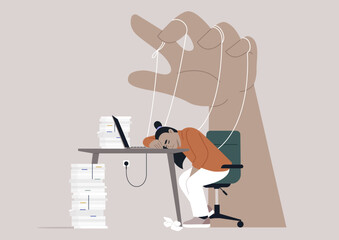 A person sits at a desk overwhelmed by towering stacks of papers, appearing defeated as a large hand pulls strings from above, showcasing the stress of manipulation at work