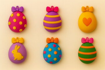 six 3d colorful Easter egg design pattern isolated on a light background with polka dots, stripes, heart and a bunny with bows. holiday design element.