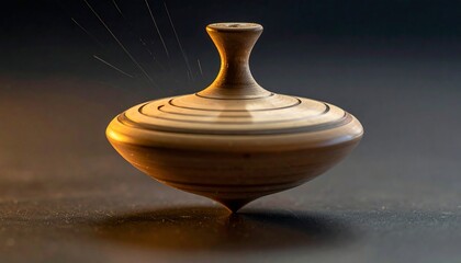 Wooden Spinning Top Toy on Dark Background.