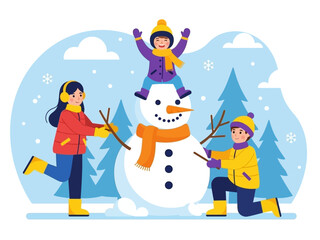 The kids create snowman in the field, vector illustration design