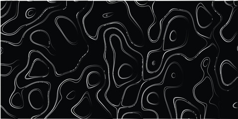 Abstract swirling lines in black and white with subtle gray gradients create a dynamic, organic, and visually complex topographic or contour map-like pattern on a dark background. Keywords