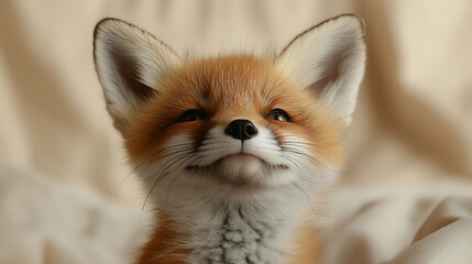 Little red fox cub looking up, displaying soft orange fur and white chest fur, captivating with its cute facial expression and curious gaze, wild animal portrait