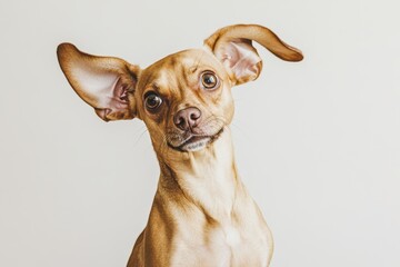 Curious brown dog with big ears against a light background