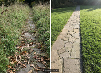 After before with old cracked walkway with broken stones and overgrown grass creeping over the edges, and modern walkway with clean stones and smooth edges