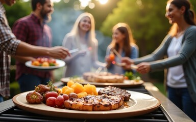 Outdoor Feast: Gather around the grill for a joyous outdoor celebration. Friends and family come together in a scene of communal grilling and delicious food. High quality