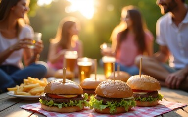 Friends enjoying a summer BBQ with burgers and beers on a table, in a sunny, lively outdoor setting. High quality. High quality