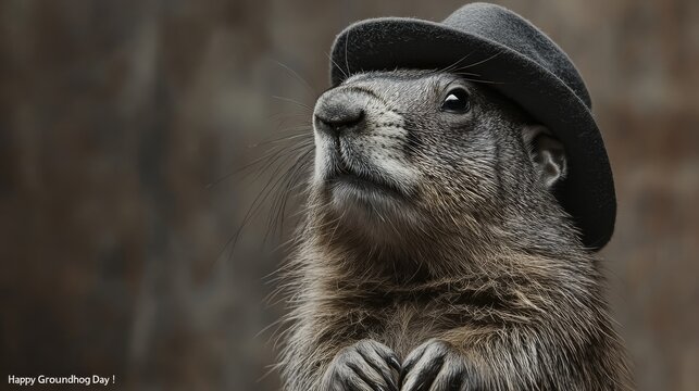Close-up of a stylish groundhog wearing a fedora hat and looking up dramatically. Perfect for animal blogs, memes, holiday greeting cards, and posts about nature or Groundhog Day.