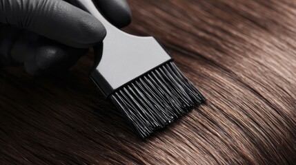 Person applying hair dye with brush to glossy brown hair strands in salon setting