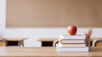 Classroom apple on stack of books with pencils in focused educational setting