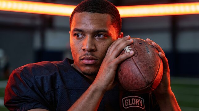 African American football player holding ball with dramatic orange lighting