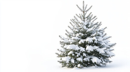 Fototapeta premium Snowy pine tree stands isolated on white background, creating serene and peaceful winter scene