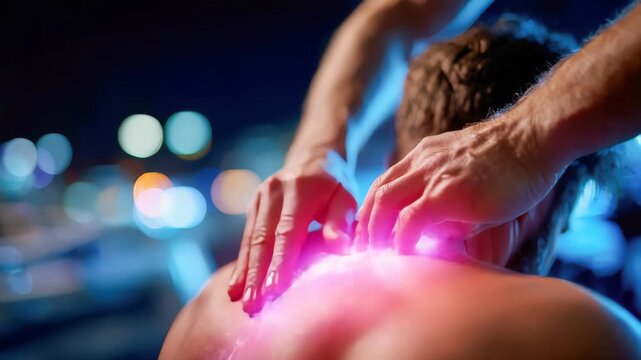 Physiotherapist applying trigger point therapy with glowing energy sparks highlighting muscle tension relief