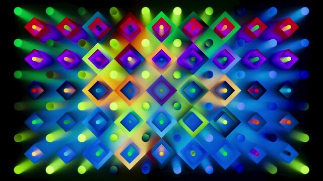 Animated grid of neon diamond tiles in rainbow colors pulses and shifts. Energetic abstract loop with smooth gradient transitions.