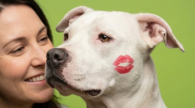 Smiling woman posing with white pitbull dog with red lipstick kiss mark on cheek