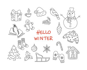 Set of winter doodles. Vector illustration with inscription. Hello winter.