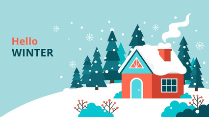 Winter holiday illustration of a snowy winter landscape house