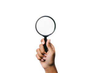 Hand Holding a Magnifying Glass with a White Lens on Black Background graphic design